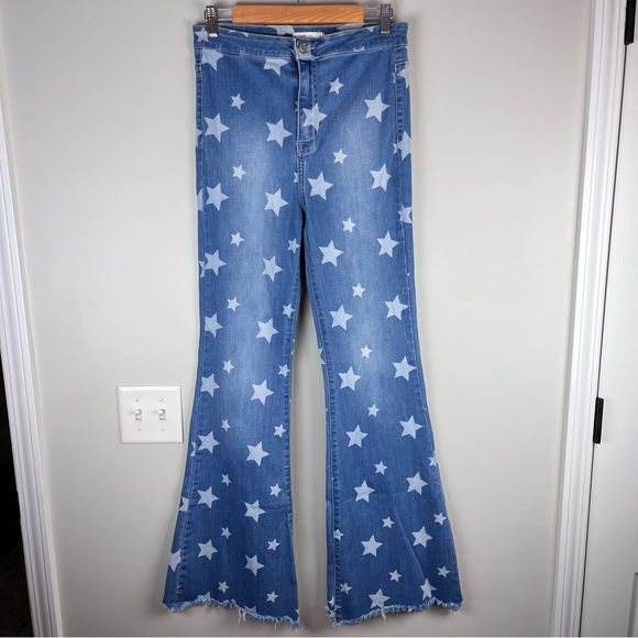 Cello Star Print Denim Blue Jeans High Waisted Bell Bottom Wide Leg Size 9 - Picture 3 of 14